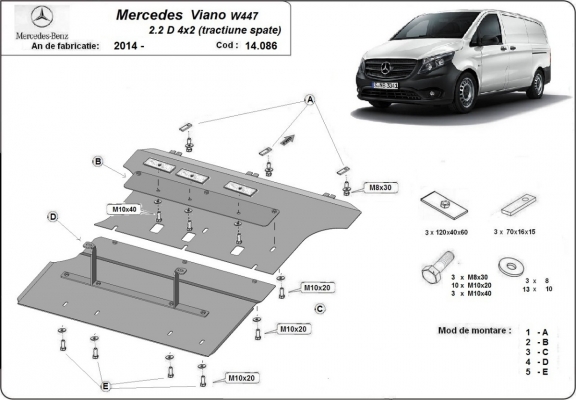 Protection sous moteur et de la boîte de vitesse Mercedes Viano W447 2.2 D, 4x2 