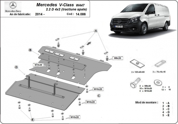 Protection sous moteur et de la boîte de vitesse Mercedes V-Class W447 2.2 D, 4x2 