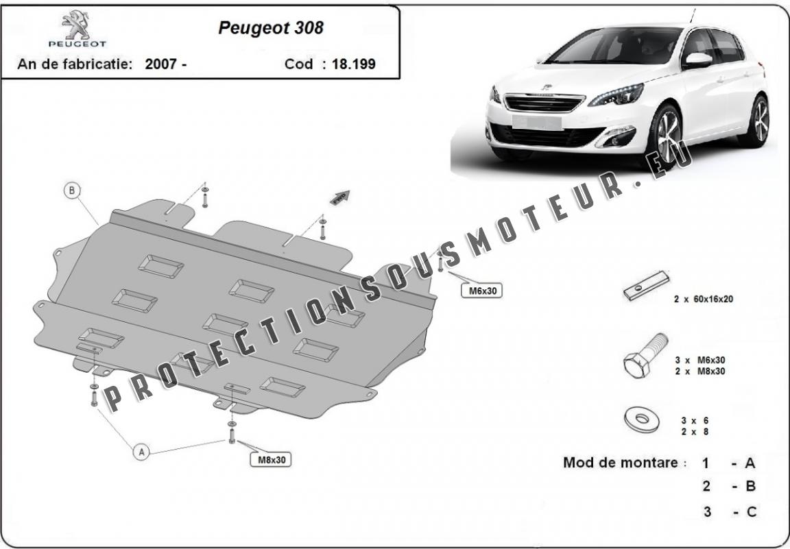 Cache protection sous moteur PEUGEOT 308 I phase 1, 2007-2011 Neuf plaque  noire revètement carter