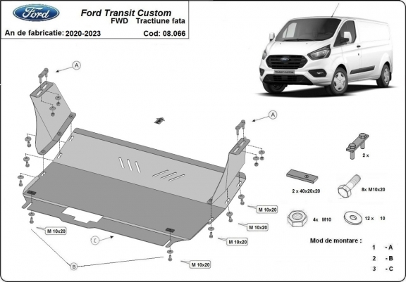Protection sous moteur et de la boîte de vitesse Ford Transit Custom - FWD