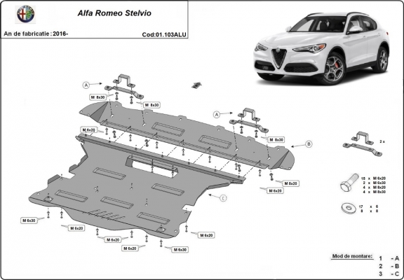 Aluminium protection sous moteur et de la boîte de vitesse Alfa Romeo Stelvio