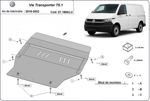Protection sous moteur et de la boîte de vitesse Volkswagen Transporter T6.1 Aluminium