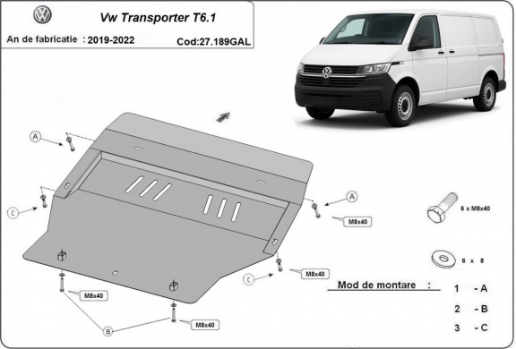 Acier galvanisé protection sous moteur et de la boîte de vitesse Volkswagen Transporter T6.1