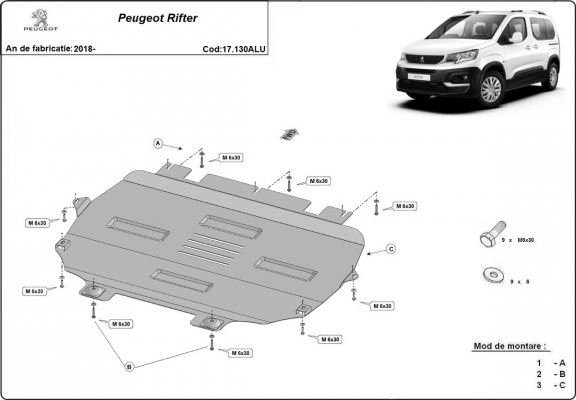 Protection sous moteur et de la boîte de vitesse Peugeot Rifter - Aluminium 