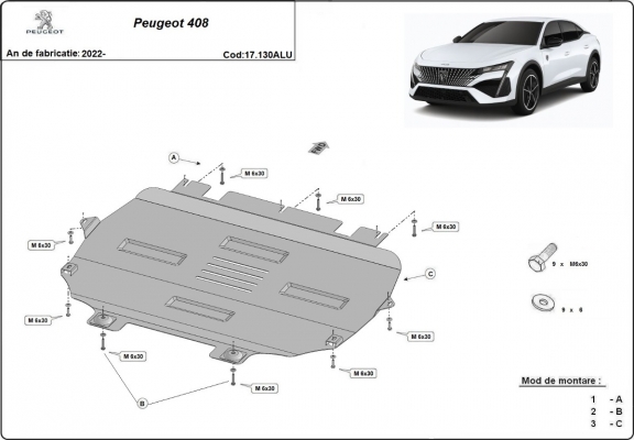 Protection sous moteur et de la boîte de vitesse Peugeot 408 - Aluminium 