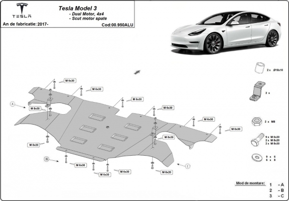 Protection moteur électrique arrière en aluminium – Tesla Model 3 AWD