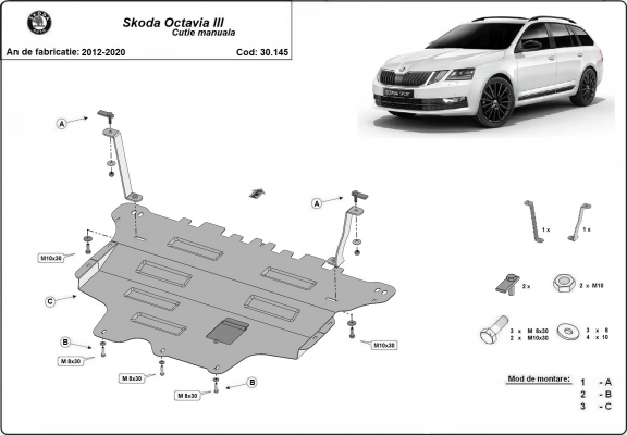 Protection sous moteur et de la boîte de vitesse Skoda Octavia 3 - boîte de vitesses manuelle