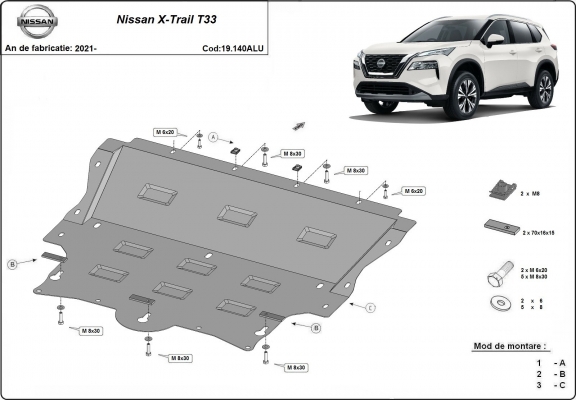 Protection sous moteur et de la boîte de vitesse Nissan X-Trail T33 - Aluminium 
