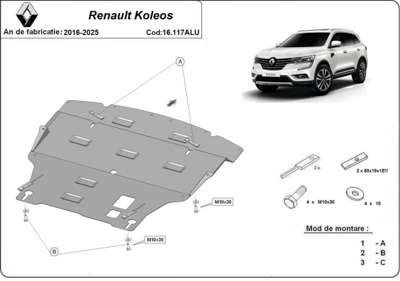 Protection sous moteur et de la boîte de vitesse Renault Koleos - Aluminium 