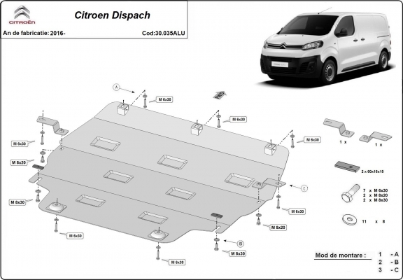 Protection sous moteur et de la boîte de vitesse Citroen Dispach - Aluminium 