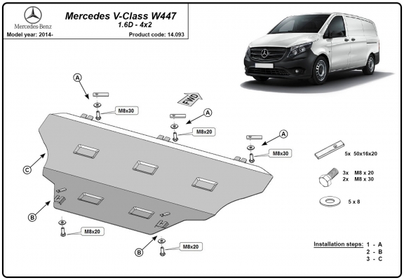 Protection sous moteur et de la boîte de vitesse Mercedes V-Classe W447 4x2, 1.6 D